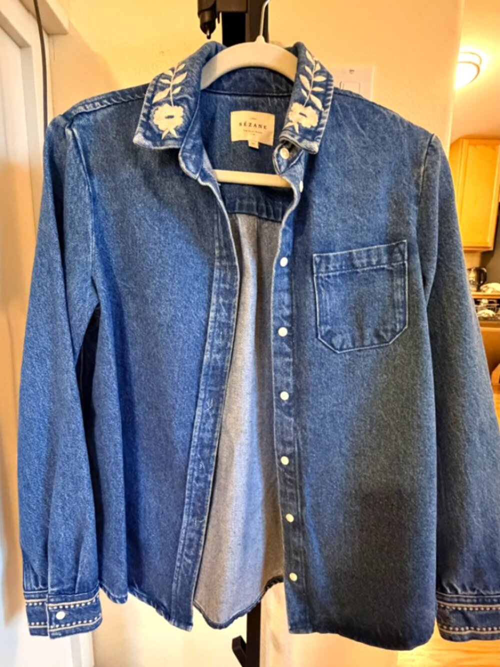 Sezane Tomboy Shirt Embroidered Blue Denim - Size 2